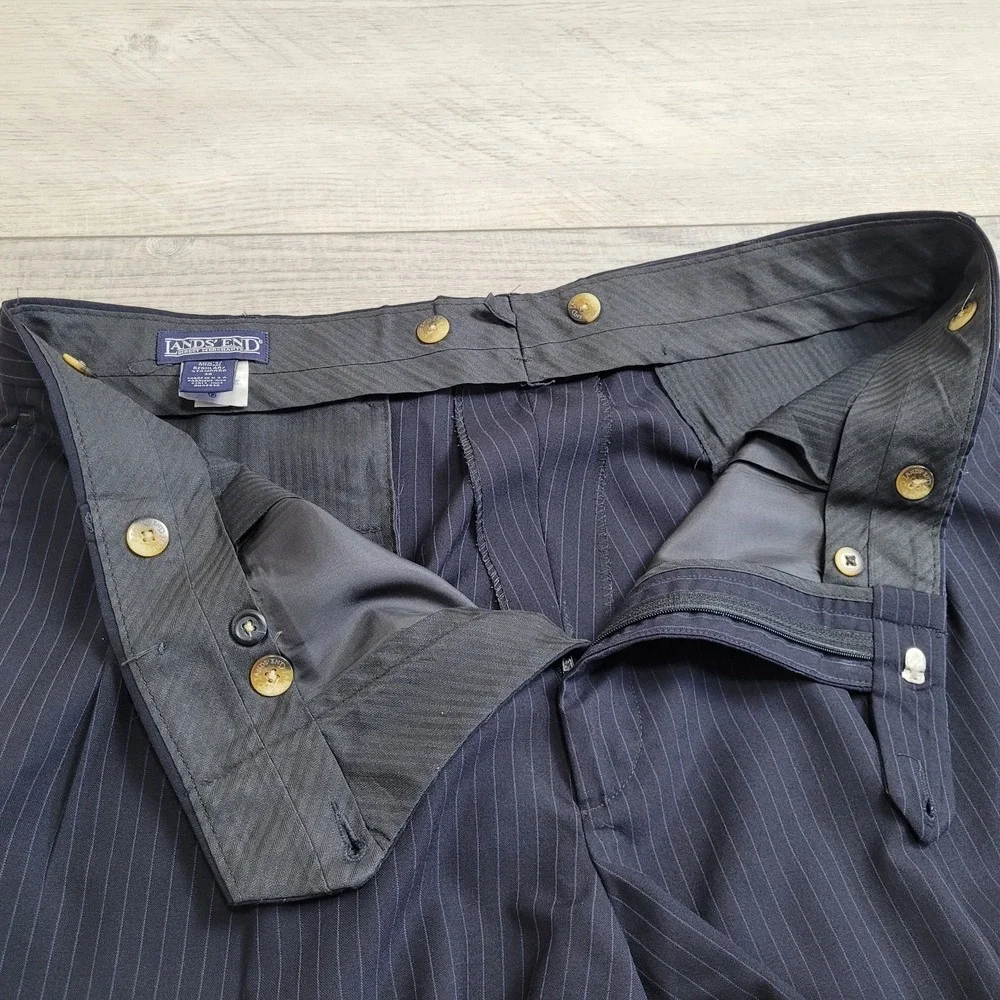 Vintage‎ Lands' End Suit Mens 42R Coat/38x29 Pants 100% Wool Blue w/Pinstripe